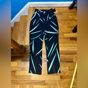 Diane Von Furstenberg Black and Teal Patterned Straight Leg Pants
